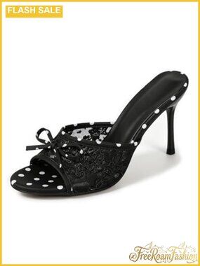 Womens Polka Dot Lace Bow Stiletto Slide Sandals Open Toe Slip On Mule Heels